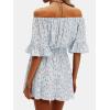 imageEXLURA Womens Summer Floral Romper Dress Off Shoulder Ruffle Elastic Wasit Wide Leg Shorts Jumpsuit Vacation Beach 2025Blue Floral