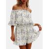 imageEXLURA Womens Summer Floral Romper Dress Off Shoulder Ruffle Elastic Wasit Wide Leg Shorts Jumpsuit Vacation Beach 2025Green Floral
