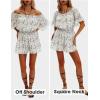 imageEXLURA Womens Summer Floral Romper Dress Off Shoulder Ruffle Elastic Wasit Wide Leg Shorts Jumpsuit Vacation Beach 2025Green Floral