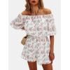 imageEXLURA Womens Summer Floral Romper Dress Off Shoulder Ruffle Elastic Wasit Wide Leg Shorts Jumpsuit Vacation Beach 2025Pink Floral