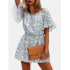 imageEXLURA Womens Summer Floral Romper Dress Off Shoulder Ruffle Elastic Wasit Wide Leg Shorts Jumpsuit Vacation Beach 2025Purple Floral