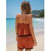 imageEXLURA Womens Summer Romper 2025 Spaghetti Strappy Ruffle Jumpsuit Halter Neck Pleated Outfits with PocketsCaramel