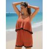 imageEXLURA Womens Summer Romper 2025 Spaghetti Strappy Ruffle Jumpsuit Halter Neck Pleated Outfits with PocketsCaramel