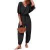 imageEXLURA Womens 2025 Summer Jumpsuits Casual Dressy One Piece Deep V Neck Batwing Short Sleeve Wrap Waist Romper with PocketsBlack