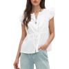 imageEXLURA Womens Button Down Blouses Casual Ruffle Cap Sleeve Crewneck 2025 Summer Tops Peplum Drawstring Dressy Work ShirtsWhite