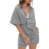 imageEXLURA Womens Summer 2 Piece Sets Casual Short Sleeve Striped Shirts Shorts Matching Sets Vacation Cruise Beach Outfits 2025Grey