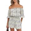 imageEXLURA Womens Summer Floral Romper Dress Off Shoulder Ruffle Elastic Wasit Wide Leg Shorts Jumpsuit Vacation Beach 2025Green Floral