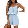 imageEXLURA Womens Summer Romper 2025 Spaghetti Strappy Ruffle Jumpsuit Halter Neck Pleated Outfits with PocketsBlue
