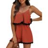 imageEXLURA Womens Summer Romper 2025 Spaghetti Strappy Ruffle Jumpsuit Halter Neck Pleated Outfits with PocketsCaramel