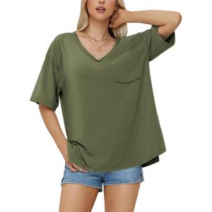 imageEXLURA Womens 2024 Summer Oversized T Shirts Loose Fit Short Sleeve V Neck Tops Athletic Workout Gym trendy TeeArmy Green