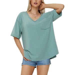 imageEXLURA Womens 2024 Summer Oversized T Shirts Loose Fit Short Sleeve V Neck Tops Athletic Workout Gym trendy TeeBlue Green