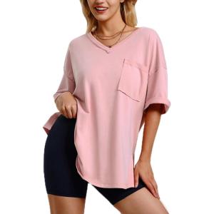 imageEXLURA Womens 2024 Summer Oversized T Shirts Loose Fit Short Sleeve V Neck Tops Athletic Workout Gym trendy TeePink