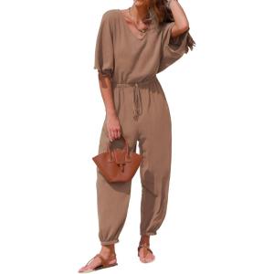 imageEXLURA Womens 2025 Summer Jumpsuits Casual Dressy One Piece Deep V Neck Batwing Short Sleeve Wrap Waist Romper with PocketsCoffee