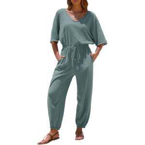 imageEXLURA Womens 2025 Summer Jumpsuits Casual Dressy One Piece Deep V Neck Batwing Short Sleeve Wrap Waist Romper with PocketsGrey Blue