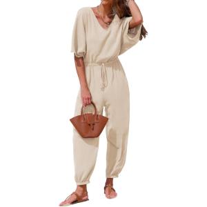 imageEXLURA Womens 2025 Summer Jumpsuits Casual Dressy One Piece Deep V Neck Batwing Short Sleeve Wrap Waist Romper with PocketsKhaki
