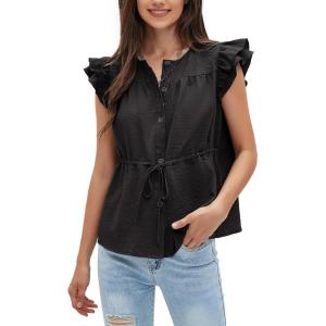 imageEXLURA Womens Button Down Blouses Casual Ruffle Cap Sleeve Crewneck 2025 Summer Tops Peplum Drawstring Dressy Work ShirtsBlack