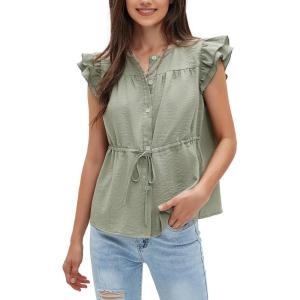 imageEXLURA Womens Button Down Blouses Casual Ruffle Cap Sleeve Crewneck 2025 Summer Tops Peplum Drawstring Dressy Work ShirtsLight Green