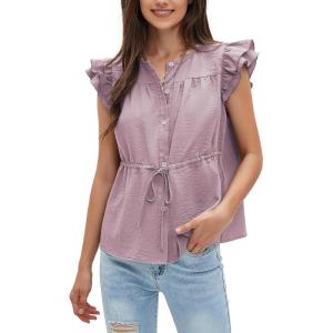 imageEXLURA Womens Button Down Blouses Casual Ruffle Cap Sleeve Crewneck 2025 Summer Tops Peplum Drawstring Dressy Work ShirtsPurple