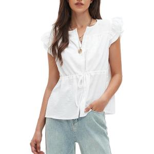 imageEXLURA Womens Button Down Blouses Casual Ruffle Cap Sleeve Crewneck 2025 Summer Tops Peplum Drawstring Dressy Work ShirtsWhite