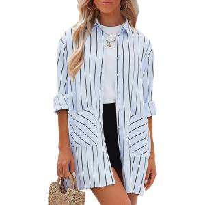 imageEXLURA Womens Button Down Shirts Oversized Striped Shirt Dress Long Sleeve Collared Blouses with Pockets Beach Casual OutfitsBlue