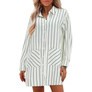 imageEXLURA Womens Button Down Shirts Oversized Striped Shirt Dress Long Sleeve Collared Blouses with Pockets Beach Casual OutfitsGreen