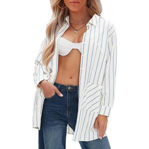 imageEXLURA Womens Button Down Shirts Oversized Striped Shirt Dress Long Sleeve Collared Blouses with Pockets Beach Casual OutfitsLight Apricot Blue