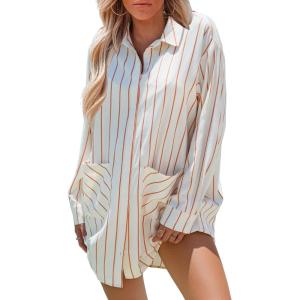 imageEXLURA Womens Button Down Shirts Oversized Striped Shirt Dress Long Sleeve Collared Blouses with Pockets Beach Casual OutfitsOrange