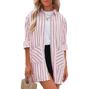 imageEXLURA Womens Button Down Shirts Oversized Striped Shirt Dress Long Sleeve Collared Blouses with Pockets Beach Casual OutfitsPink