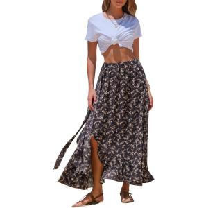 imageEXLURA Womens Floral Print High Waisted Wrap Long Maxi Skirts Ruffle Hem Self Tie Knot Summer Chiffon Midi Skirts 2025Black Floral