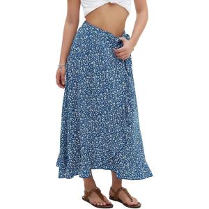 imageEXLURA Womens Floral Print High Waisted Wrap Long Maxi Skirts Ruffle Hem Self Tie Knot Summer Chiffon Midi Skirts 2025Blue Floral