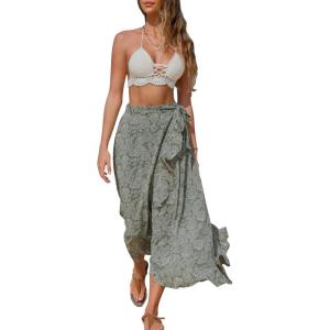 imageEXLURA Womens Floral Print High Waisted Wrap Long Maxi Skirts Ruffle Hem Self Tie Knot Summer Chiffon Midi Skirts 2025Green Floral