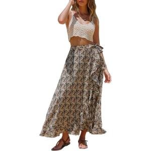 imageEXLURA Womens Floral Print High Waisted Wrap Long Maxi Skirts Ruffle Hem Self Tie Knot Summer Chiffon Midi Skirts 2025Khaki Floral