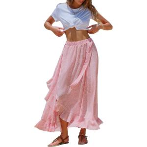 imageEXLURA Womens Floral Print High Waisted Wrap Long Maxi Skirts Ruffle Hem Self Tie Knot Summer Chiffon Midi Skirts 2025Red Floral