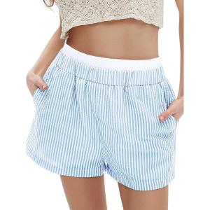 imageEXLURA Womens Stripe Print Exposed Boxer Shorts Elastic High Waisted Wide Leg Y2K Workout Gym ShortsGreen Stripe