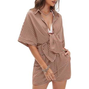 imageEXLURA Womens Summer 2 Piece Sets Casual Short Sleeve Striped Shirts Shorts Matching Sets Vacation Cruise Beach Outfits 2025Caramel
