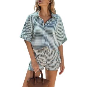 imageEXLURA Womens Summer 2 Piece Sets Casual Short Sleeve Striped Shirts Shorts Matching Sets Vacation Cruise Beach Outfits 2025Green