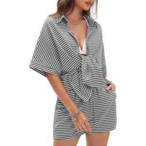imageEXLURA Womens Summer 2 Piece Sets Casual Short Sleeve Striped Shirts Shorts Matching Sets Vacation Cruise Beach Outfits 2025Grey
