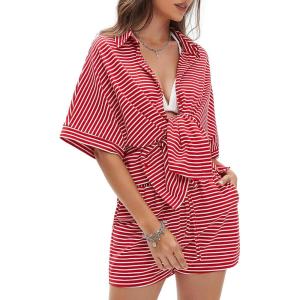 imageEXLURA Womens Summer 2 Piece Sets Casual Short Sleeve Striped Shirts Shorts Matching Sets Vacation Cruise Beach Outfits 2025Red