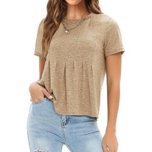 imageEXLURA Womens Summer Cute Crop Tops Short Sleeve Pleated Tshirts Crewneck Business Trendy Blouse Beach Vacation Outfits 2025Apricot