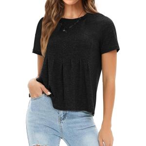 imageEXLURA Womens Summer Cute Crop Tops Short Sleeve Pleated Tshirts Crewneck Business Trendy Blouse Beach Vacation Outfits 2025Black