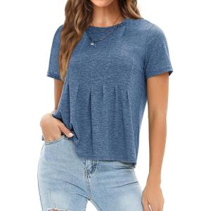 imageEXLURA Womens Summer Cute Crop Tops Short Sleeve Pleated Tshirts Crewneck Business Trendy Blouse Beach Vacation Outfits 2025Blue