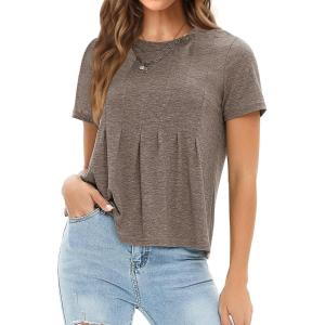 imageEXLURA Womens Summer Cute Crop Tops Short Sleeve Pleated Tshirts Crewneck Business Trendy Blouse Beach Vacation Outfits 2025Brown