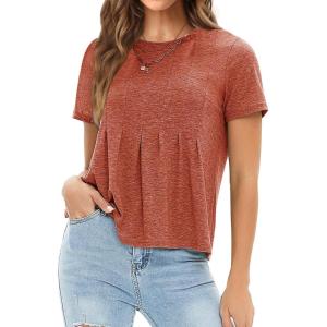 imageEXLURA Womens Summer Cute Crop Tops Short Sleeve Pleated Tshirts Crewneck Business Trendy Blouse Beach Vacation Outfits 2025Caramel
