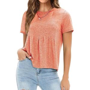 imageEXLURA Womens Summer Cute Crop Tops Short Sleeve Pleated Tshirts Crewneck Business Trendy Blouse Beach Vacation Outfits 2025Orange
