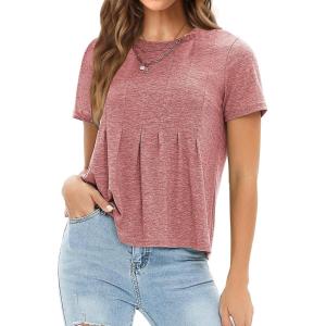 imageEXLURA Womens Summer Cute Crop Tops Short Sleeve Pleated Tshirts Crewneck Business Trendy Blouse Beach Vacation Outfits 2025Pink