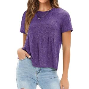 imageEXLURA Womens Summer Cute Crop Tops Short Sleeve Pleated Tshirts Crewneck Business Trendy Blouse Beach Vacation Outfits 2025Purple