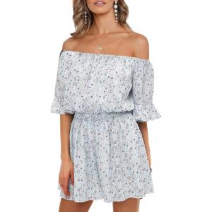 imageEXLURA Womens Summer Floral Romper Dress Off Shoulder Ruffle Elastic Wasit Wide Leg Shorts Jumpsuit Vacation Beach 2025Blue Floral