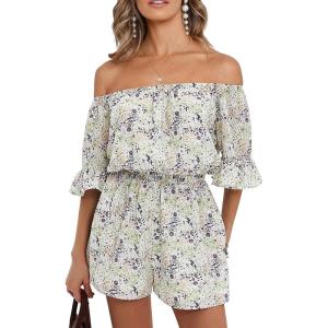 imageEXLURA Womens Summer Floral Romper Dress Off Shoulder Ruffle Elastic Wasit Wide Leg Shorts Jumpsuit Vacation Beach 2025Green Floral