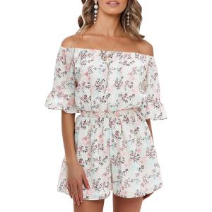 imageEXLURA Womens Summer Floral Romper Dress Off Shoulder Ruffle Elastic Wasit Wide Leg Shorts Jumpsuit Vacation Beach 2025Pink Floral