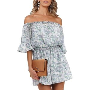 imageEXLURA Womens Summer Floral Romper Dress Off Shoulder Ruffle Elastic Wasit Wide Leg Shorts Jumpsuit Vacation Beach 2025Purple Floral